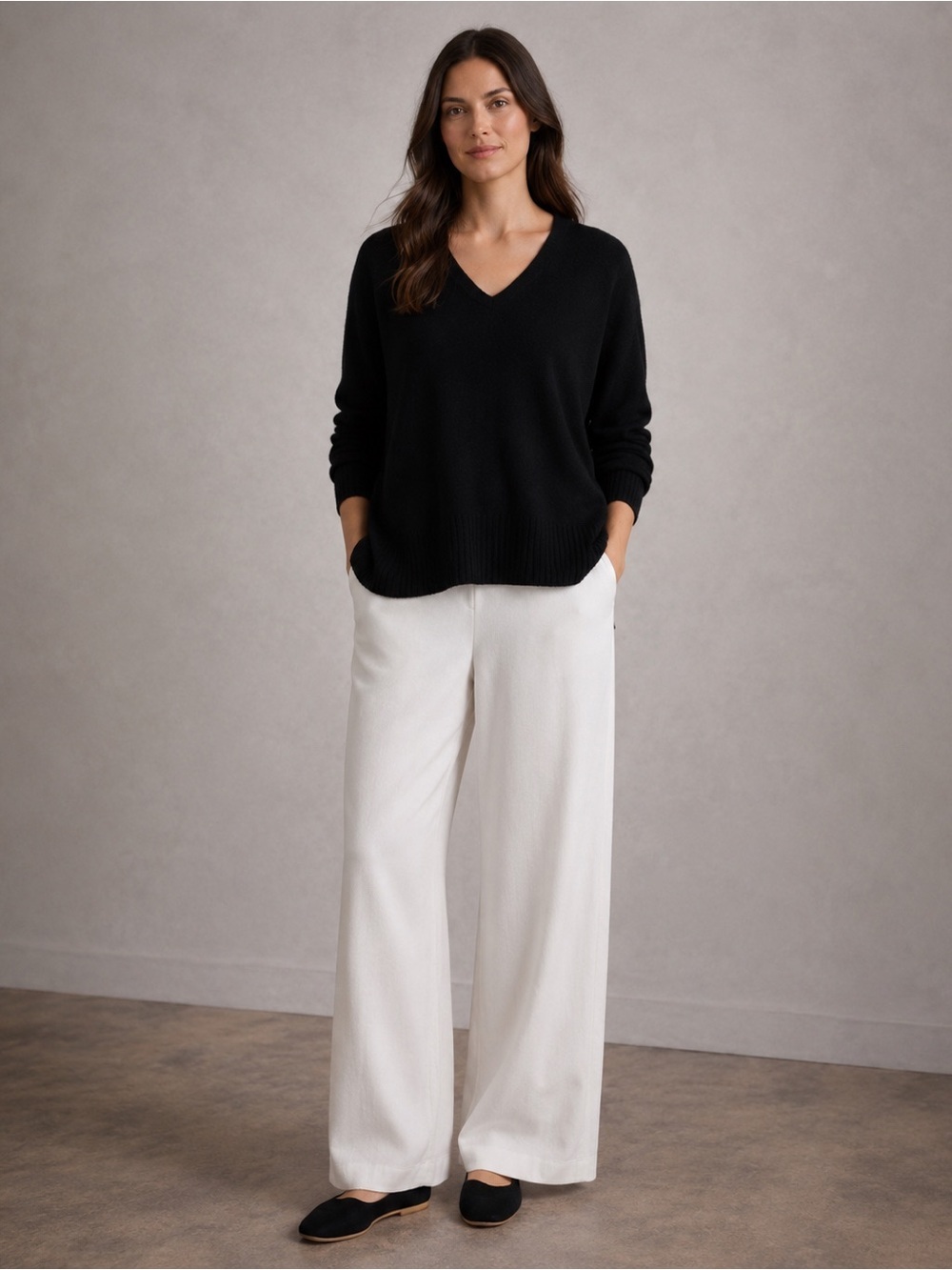 Eileen Fisher Black Merino Wool V-Neck Sweater 1X